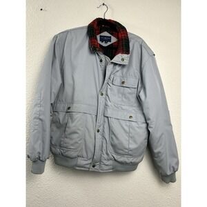 Vintage Van Heusen Mens Size L Gray Bomber Jacket Tartan Flannel Red Lined‎ Coat